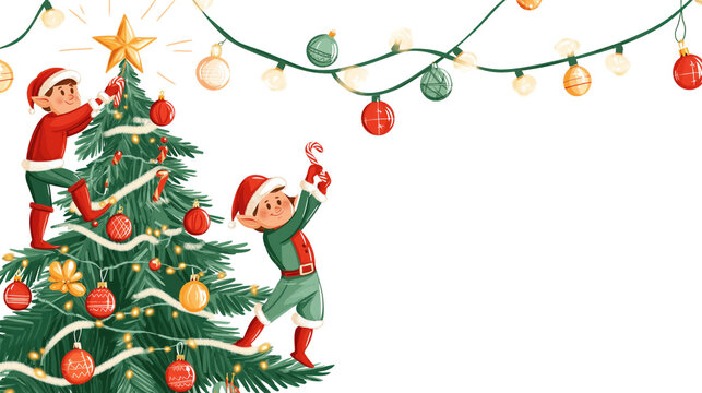 Christmas elves decorating a giant tree with ornaments and lights. Concept of festive holiday preparation and celebration.