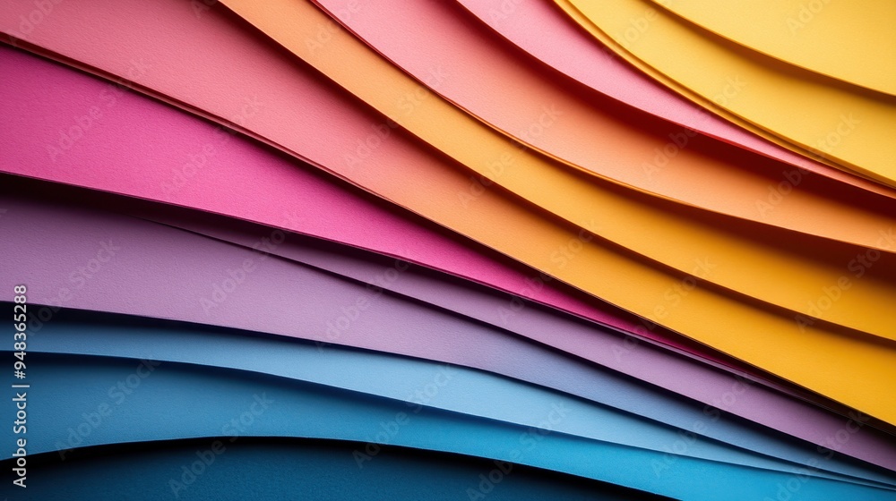 Poster sheets of colorful papers neatly arranged in a cascading stack, showcasing vibrant hues and a textur