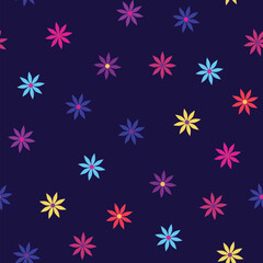 A vibrant Colorful floral seamless pattern, geometric flowers on blue background. Good for textile print, creative projects or wrapping paper