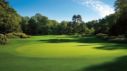 Fototapeta premium A pristine golf green with a centered flagstick, hole in the foreground, surrounded by lush greenery under a clear blue sky