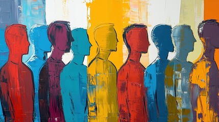 Fototapeta premium Vibrant abstract painting showcasing diverse silhouettes in various colors, symbolizing the unity and diversity within an advertising agency team, with a strong focus on the expressive faces that high
