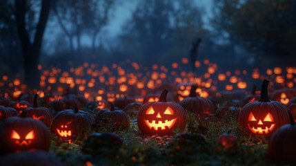  in a pumpkin glade at dusk where the pumpkins glow, with carved faces