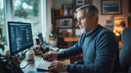 Middle-aged man configuring VPN securely while working from home in his cozy office space