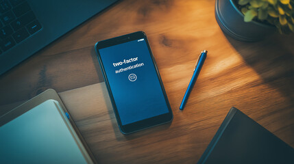 Everyday cybersecurity practices featuring two-factor authentication and security notes on a wooden desk