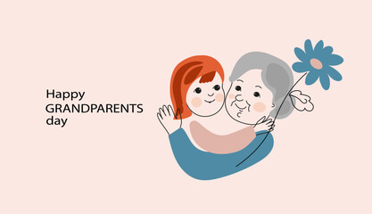 grandmother hugging her little granddaughter. doodle hand-drawn vector linear illustration. Happy grandparents Day greeting card.  forget-me-not flower is a symbol of the holiday. 