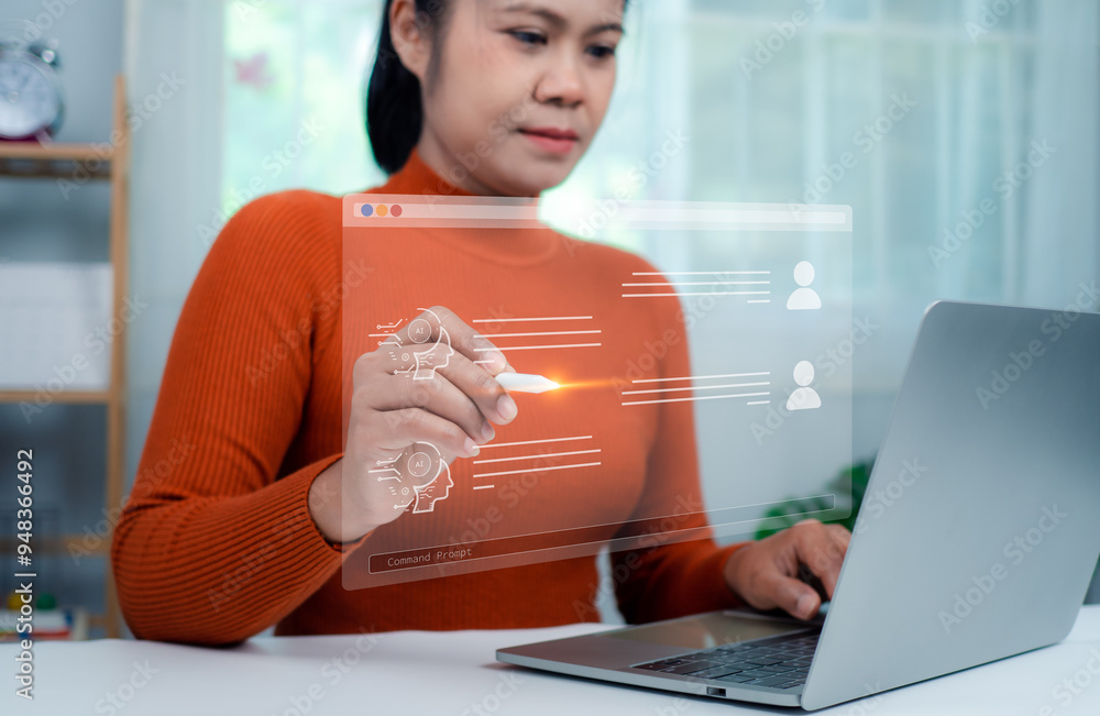 Poster woman hand holding a stylus pen touching a virtual screen displaying questions and answers with arti