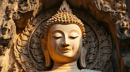 A serene golden Buddha statue in an ancient temple, framed by beautifully detailed carvings that tell stories of the past
