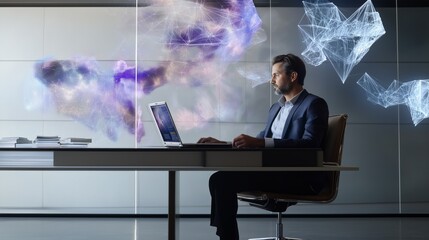 A tech-savvy entrepreneur negotiates an NFT sale in a minimalist office with holographic visuals