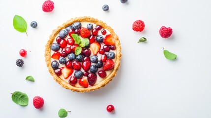 A delicious fruit tart with a variety of berries, including strawberries, blueberries, raspberries