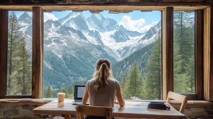 Middle-aged woman working at a wooden table inside a mountain lodge with a view of snow-capped peaks
