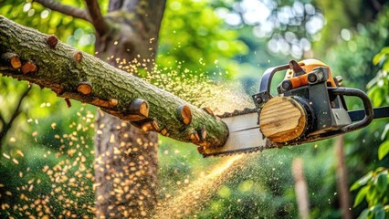 Close-up of a chainsaw being used to trim branches from a tall tree, sawdust flying in the air amidst a backdrop of lush green foliage.
