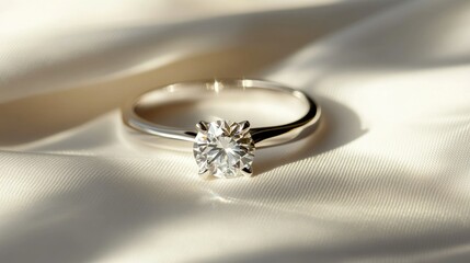 A solitaire diamond ring in silver, meticulously placed on a white backdrop with soft shadows.