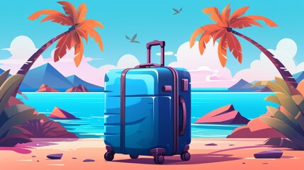 Fototapeta premium A vibrant suitcase rests on a tropical beach surrounded by palm trees and a serene sea, suggesting adventure and travel