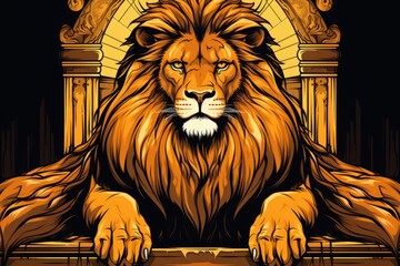 A majestic lion with a flowing mane sits regally on a throne surrounded by ornate decorations in a vibrant artistic design