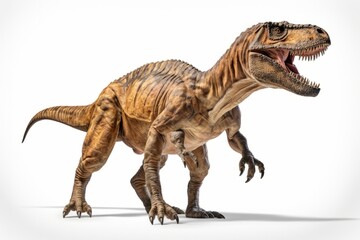 A realistic depiction of a Tyrannosaurus rex dinosaur standing in a neutral setting showcasing its size and details