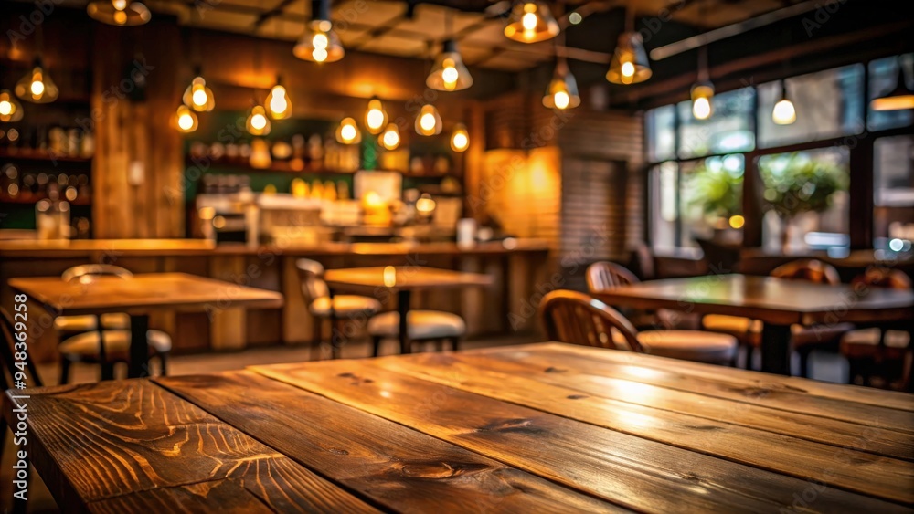 Poster Empty wooden table in a dimly lit cafe, perfect for adding text or objects