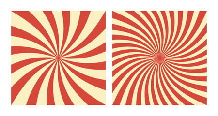 Set of Two Abstract Vector Red Spiral Patterns on Beige Background. Square Posters with Red Groovy Hypnotic Swirls, Retro Inspired Grunge Sun Bursts