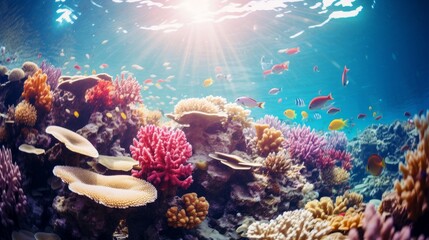 Obraz premium Vibrant coral reef teeming with colorful fish under sunlight in a clear blue ocean