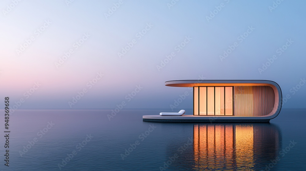 Wall mural Minimalist Modern House on Water at Sunset.