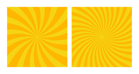 Set of Two Abstract Vector Yellow Spiral Patterns . Square Posters with Orange Shades Groovy Hypnotic Swirls, Retro Inspired Grunge Sun Bursts © itsmaku