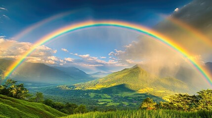 A stunning double rainbow appearing over a lush, green valley, with sun rays breaking through clouds after a summer rainstorm.