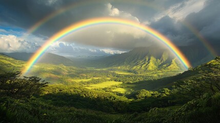 A stunning double rainbow appearing over a lush, green valley, with sun rays breaking through clouds after a summer rainstorm.