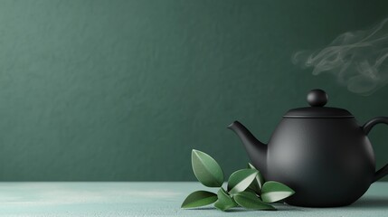 Organic herbal tea set, fresh leaves and steaming pot, 3D illustration