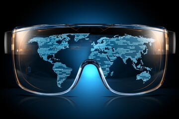 Augmented reality glasses displaying a digital world map with data overlays in a dark setting
