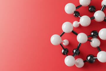 Molecular Structure on Vibrant Background, a striking arrangement of black and white spheres connected by glossy black rods against a bold red backdrop, symbolizing chemistry and science.