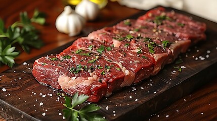 Obraz premium A close-up shot of a raw flank steak on a rustic wooden board, with fresh parsley, garlic cloves, and olive oil drizzles scattered around, dramatic side lighting creating deep contrasts,