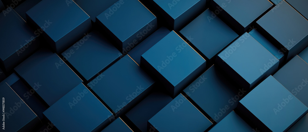 Poster geometric harmony, a captivating arrangement of interlocking blue cubes, creating a sense of depth a