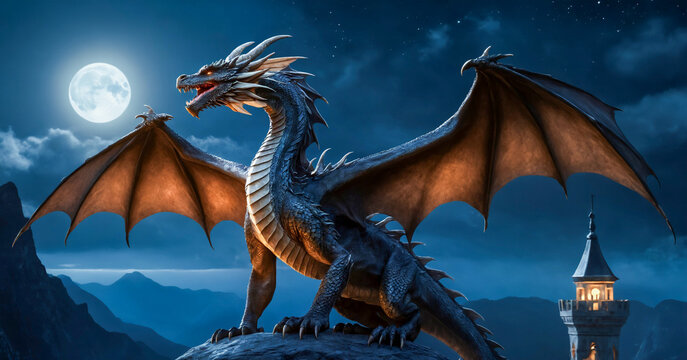 A majestic black dragon roars on a mountaintop, gazing at the full moon. The silhouette of a castle in the distance adds an epic touch to the magical night scene.