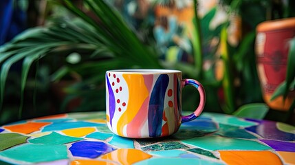 A vibrant coffee cup with abstract designs, set on a colorful mosaic table, with tropical plants in...