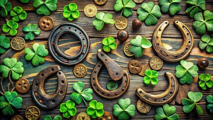 A collection of various good luck charms including horseshoes, four-leaf clovers, and lucky coins