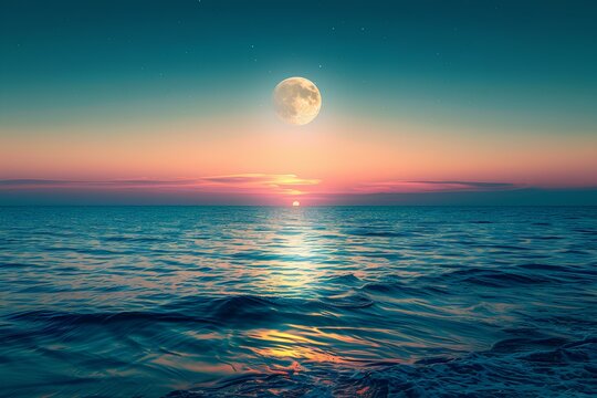 A full moon rising over a body of water