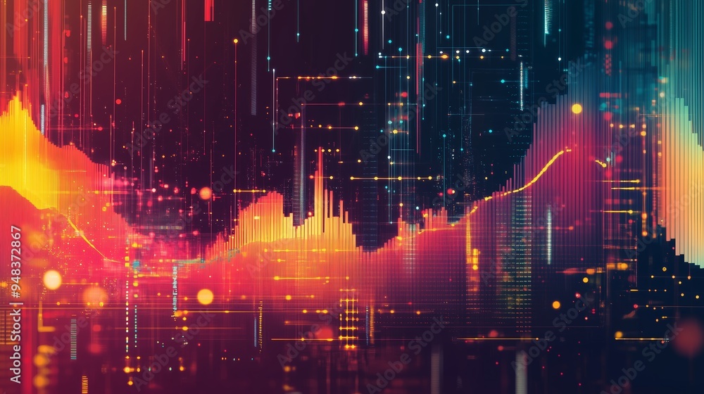 Poster abstract digital data visualization with colorful patterns representing waves and trends, showcasing