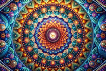 Obraz premium Colorful 3D seamless psychedelic loop art featuring a swirling vortex of geometric shapes and mandala patterns, evoking spiritual awakening and mystical energy.