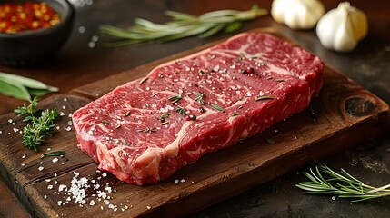 A close-up shot of a raw sirloin steak on a rustic wooden board, with garlic cloves, fresh herbs, and sea salt scattered around, dramatic side lighting creating deep contrasts, rich textures, warm,