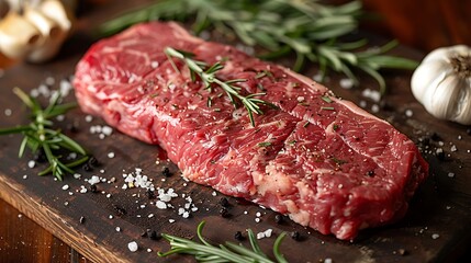 A close-up shot of a raw sirloin steak on a rustic wooden board, surrounded by fresh rosemary sprigs, garlic cloves, and coarse sea salt, dramatic side lighting creating deep contrasts, rich textures,