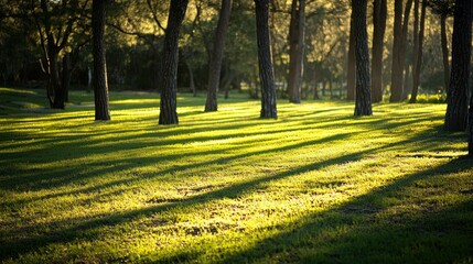 Golden leaves dance beneath a setting sun, casting long shadows through the autumnal park ,Colorful autumn park and forest scene with sun rays filtering
