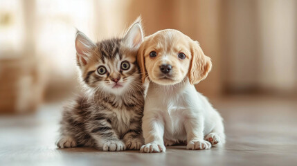 a young kitten and a young puppy sitting side by side, both with curious