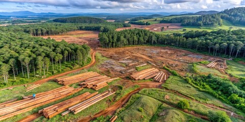 Aerial view of deforestation in a rural area due to timber harvesting