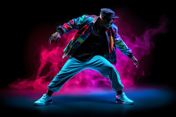 Obraz premium Man in bright clothes dancing hip-hop isolated on dark background in mixed neon light