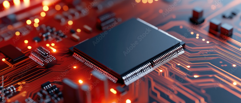 Poster microchip on a vibrant circuit board, intricate pathways illuminated with orange lights, showcasing 