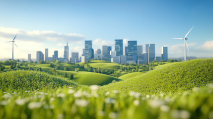 Scene of rolling hills or farmland in the foreground, with a distant, eco-friendly city skyline featuring wind turbines, emphasizing the coexistence of nature and sustainable development technology.