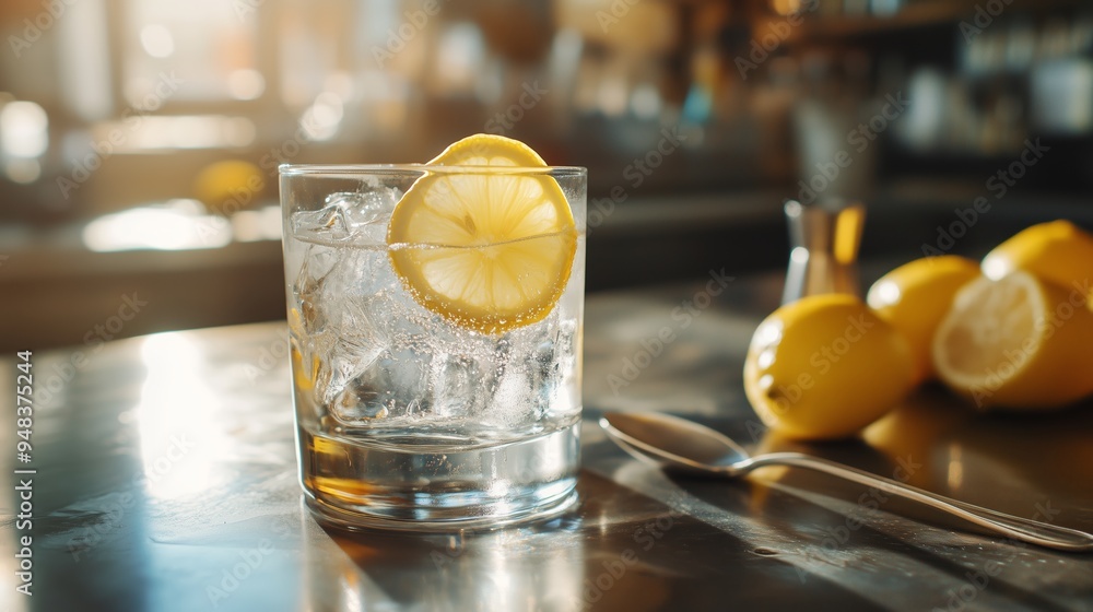 Poster refreshing drink with ice and lemon slice on a bar counter during golden hour