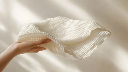 Textured Paper Towel Draped in Hand on Minimalist Background