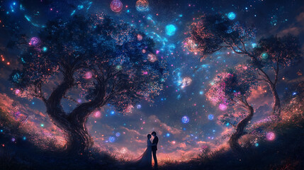 A couple stands close together beneath a mesmerizing starry sky, surrounded by an enchanting, magical landscape. The ground sparkles faintly with soft, glowing lights, as if the stars have fallen to E