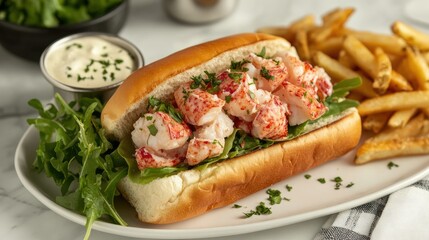 Buttery lobster roll with fresh greens and a side of crispy fries, arranged on a white ceramic plate.
