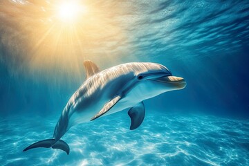 Fototapeta premium A dolphin swimming gracefully in clear blue water, illuminated by sunlight above.